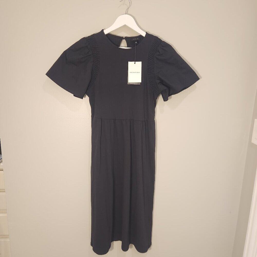 Who What Wear Black Flutter Sleeve Mixed Media Midi Dress - Size S